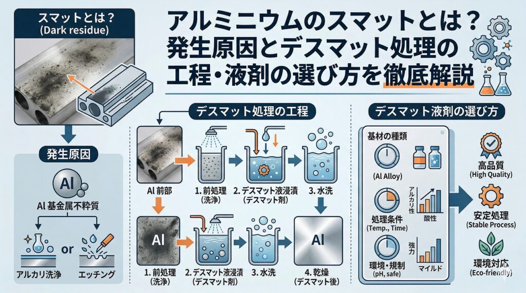 アルミニウムのスマットとは?発生原因とデスマット処理の工程・液剤の選び方を徹底解説|大阪めっき・アルマイトナビ